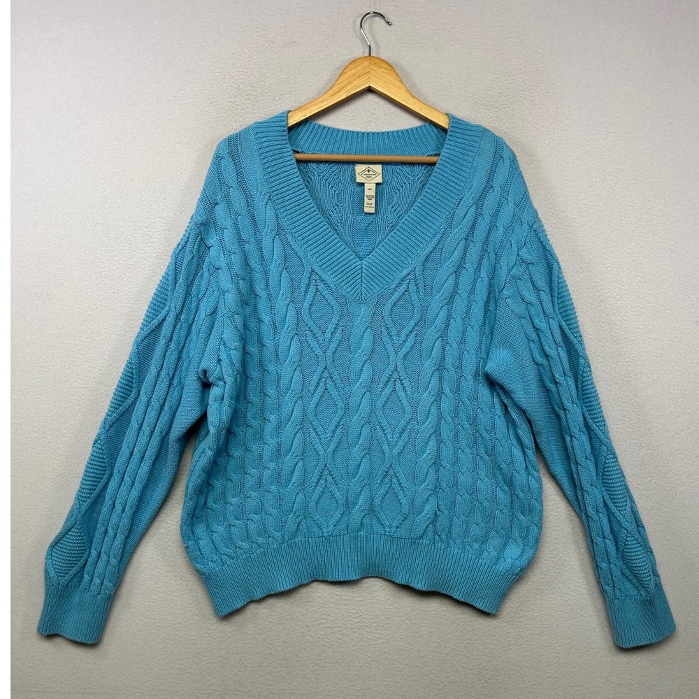Coastal Preppy St. John's Bay Womens 2X Blue V-Neck Cable Knit Sweater Nautical